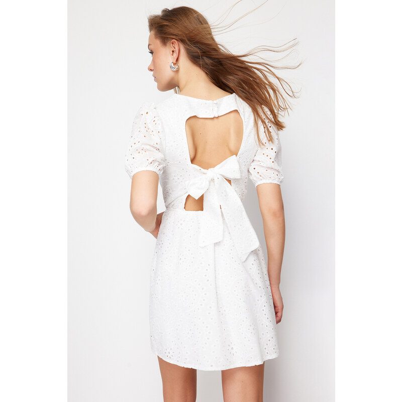 Trendyol Ecru A-Line Mini Embroidery Woven Dress with Elastic Waist