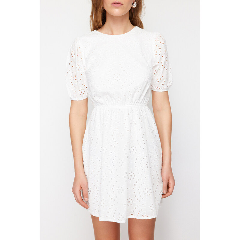 Trendyol Ecru A-Line Mini Embroidery Woven Dress with Elastic Waist