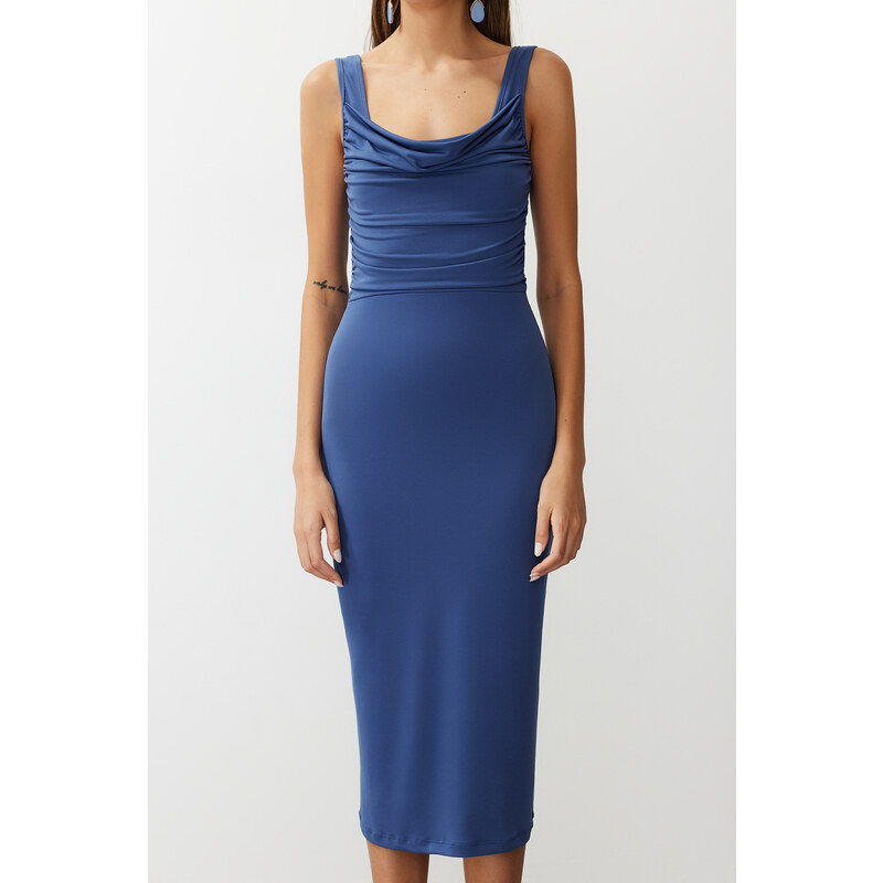 Trendyol Indigo Fitted Detail Collar Flexible Knitted Midi Dress