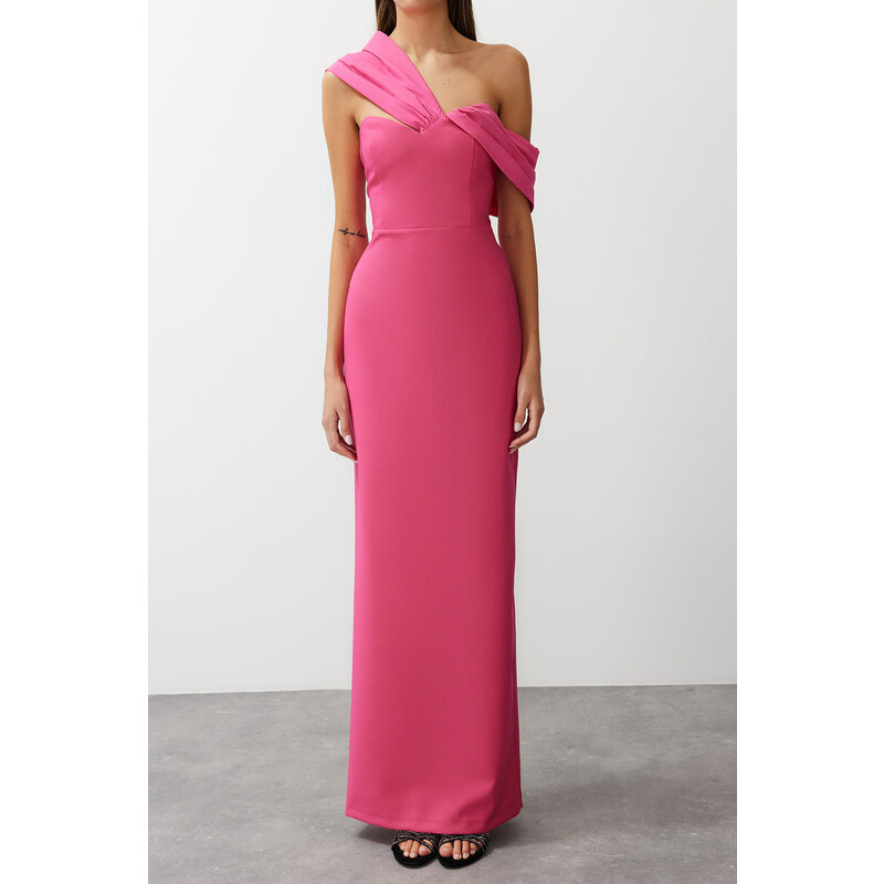 Trendyol Pink Fitted Asymmetric Collar Poplin Detail Long Evening Evening Dress