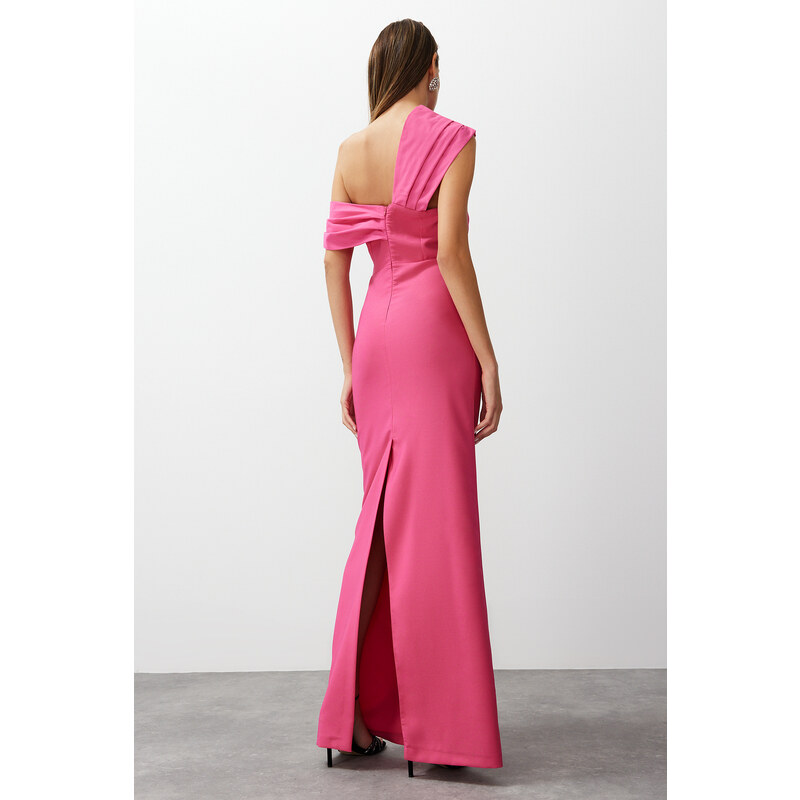 Trendyol Pink Fitted Asymmetric Collar Poplin Detail Long Evening Evening Dress