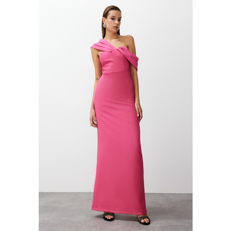 Trendyol Pink Fitted Asymmetric Collar Poplin Detail Long Evening Evening Dress