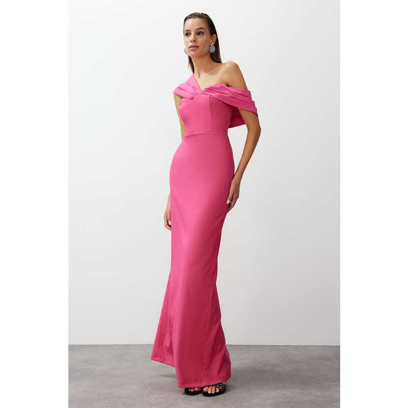 Trendyol Pink Fitted Asymmetric Collar Poplin Detail Long Evening Evening Dress