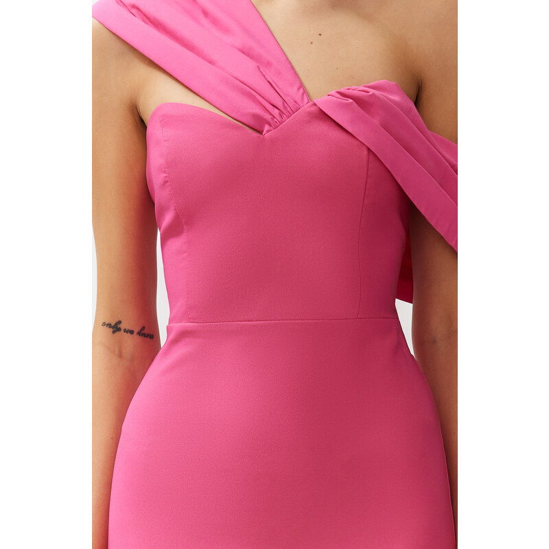 Trendyol Pink Fitted Asymmetric Collar Poplin Detail Long Evening Evening Dress