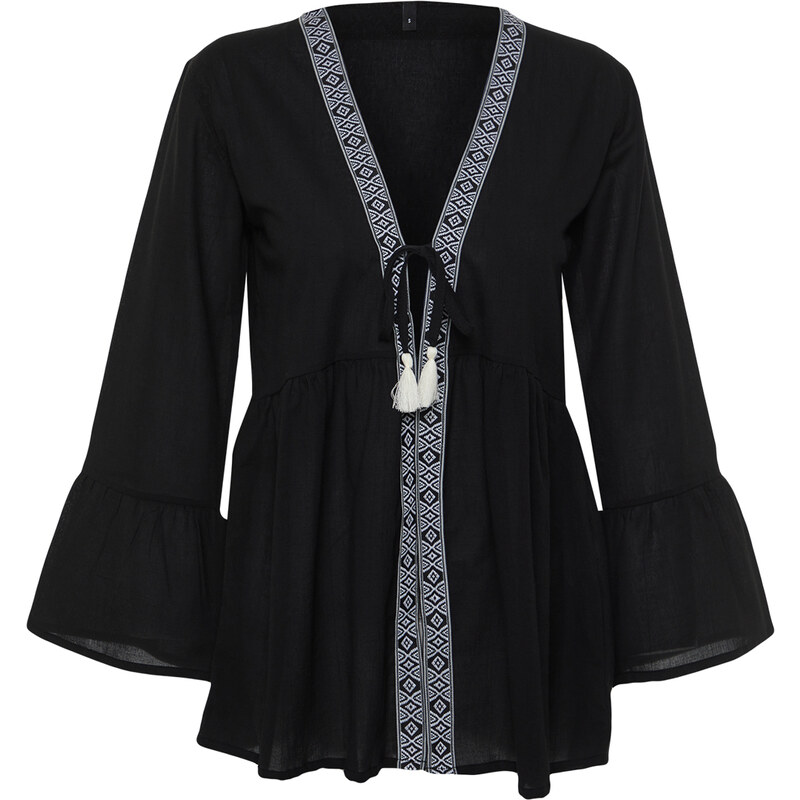 Trendyol Black Mini Woven Stripe Accessory Kimono&Kaftan