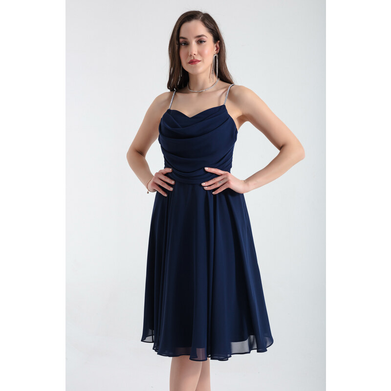 Lafaba Women's Navy Blue Stone Strap Midi Evening Dress