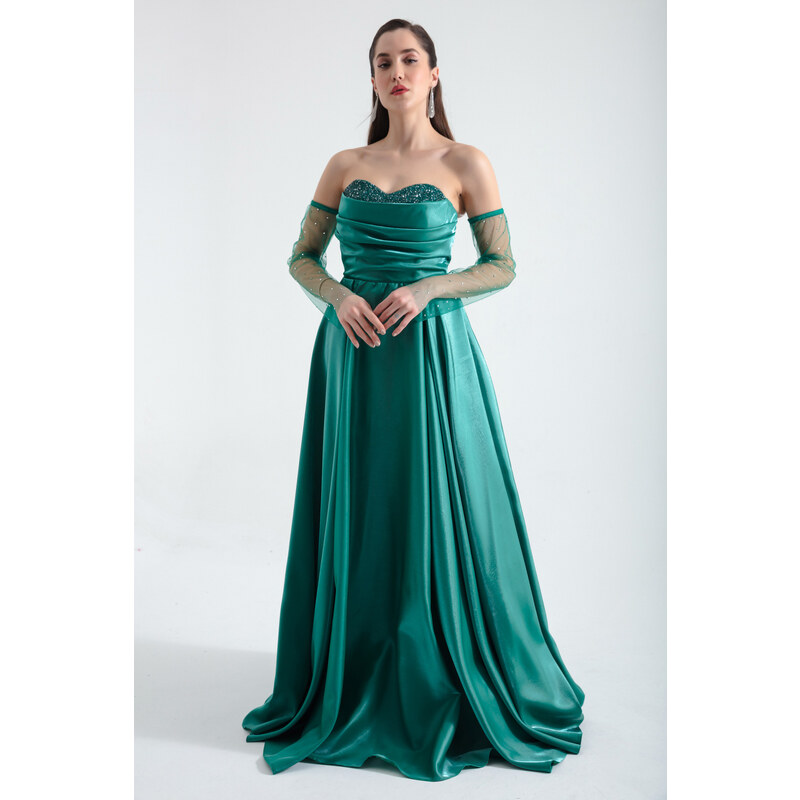 Lafaba Women's Emerald Green Collar Gemstoned Long Sleeves Tulle Evening Dress