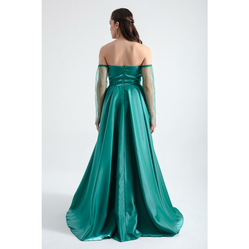 Lafaba Women's Emerald Green Collar Gemstoned Long Sleeves Tulle Evening Dress