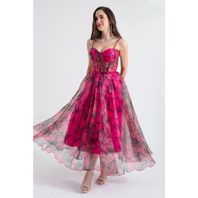 Lafaba Women's Fuchsia Design Organza Evening Dress