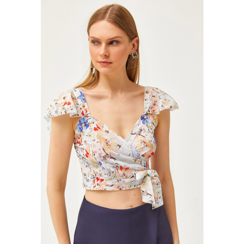Olalook Womens Blue Floral Side Zipper Sleeve Detailed Mos Crepe 107076510