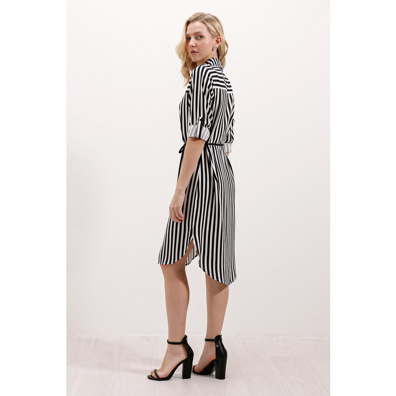 Bigdart 5629 Striped Belted Dress - Black