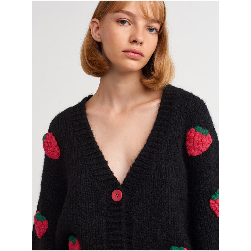 Dilvin 60185 V-Neck Strawberry Embroidered Balloon Sleeve Knitwear Cardigan-black