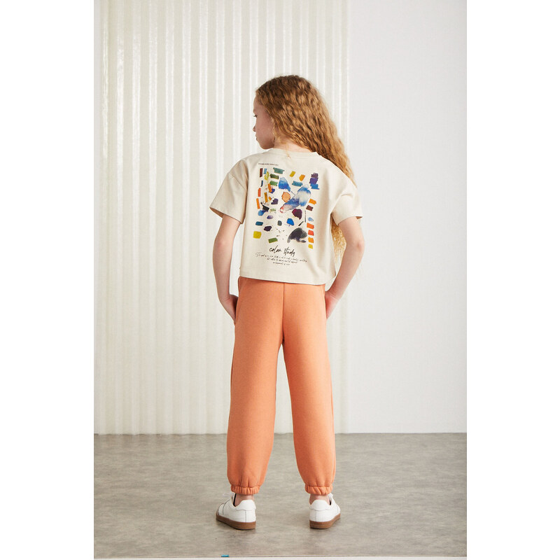GRIMELANGE AGATE-GRM24025 100% cotton printed short sleeve girls t-shirt Beige T-Shirt