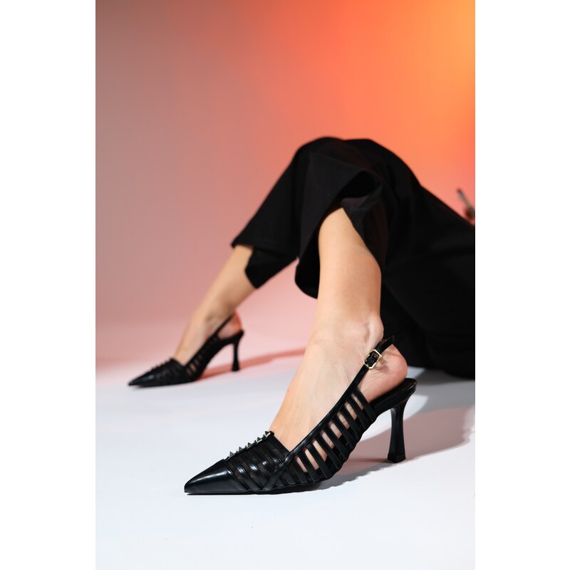 LuviShoes RENNES Women's Black Trolley Pointed Toe Band Thin Heel Shoes