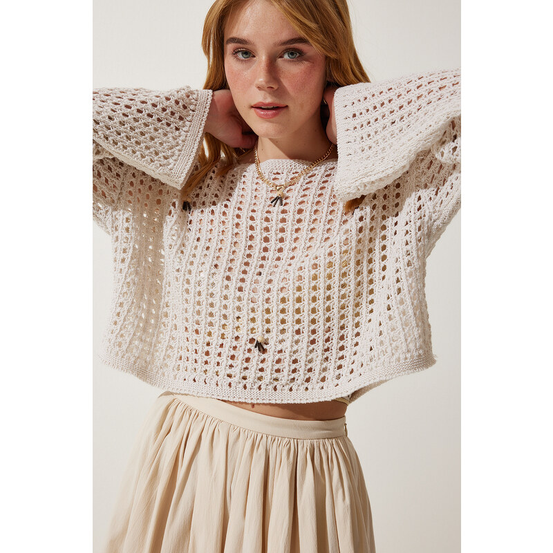 Happiness İstanbul Women's Cream Beaded Openwork Seasonal Crop Knitwear Sweater