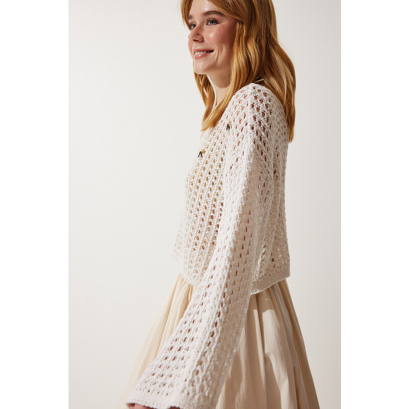 Happiness İstanbul Women's Cream Beaded Openwork Seasonal Crop Knitwear Sweater