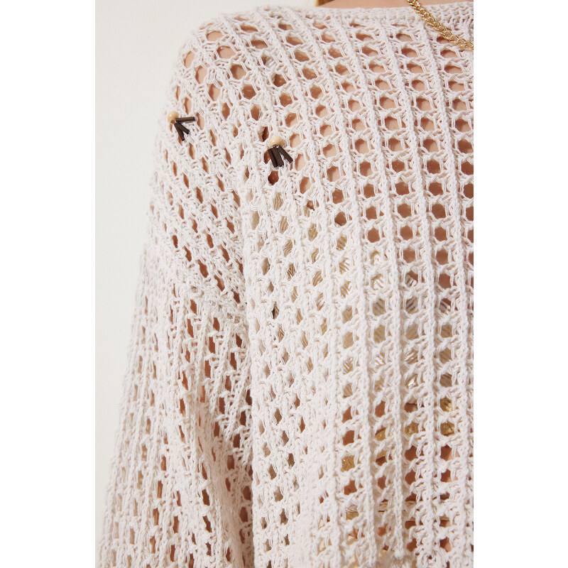 Happiness İstanbul Women's Cream Beaded Openwork Seasonal Crop Knitwear Sweater