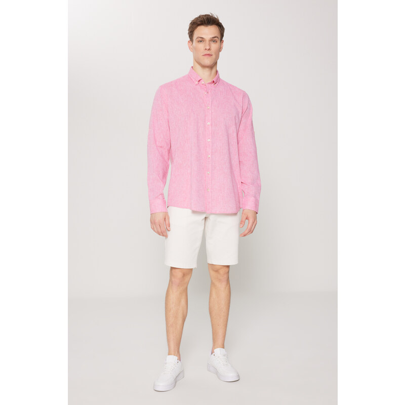 AC&Co / Altınyıldız Classics Men's Fuchsia Comfort Fit Relaxed-Cut Buttoned Collar Casual Linen Shirt.