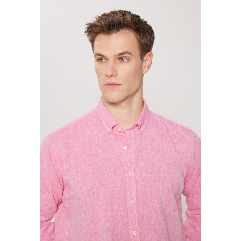 AC&Co / Altınyıldız Classics Men's Fuchsia Comfort Fit Relaxed-Cut Buttoned Collar Casual Linen Shirt.