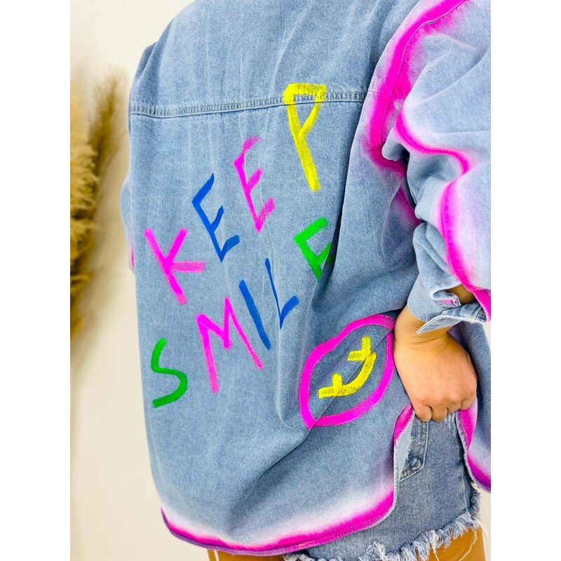 Webmoda Exkluzivní oversize prodloužená džínová bunda KEEP SMILE