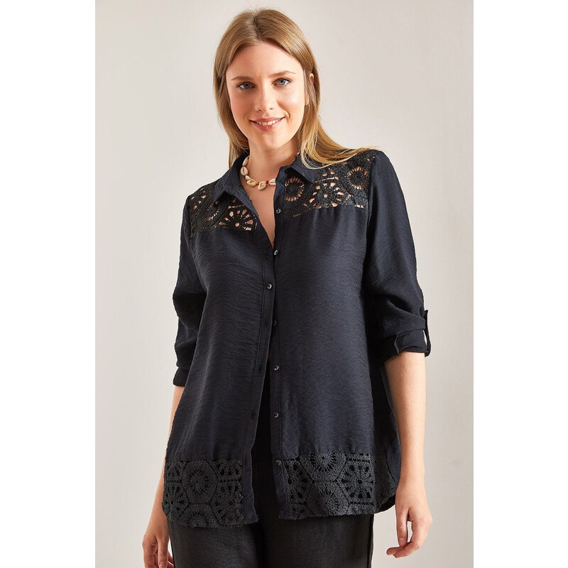 Bianco Lucci Women's Lace Patterned Shirt with Fold Sleeves