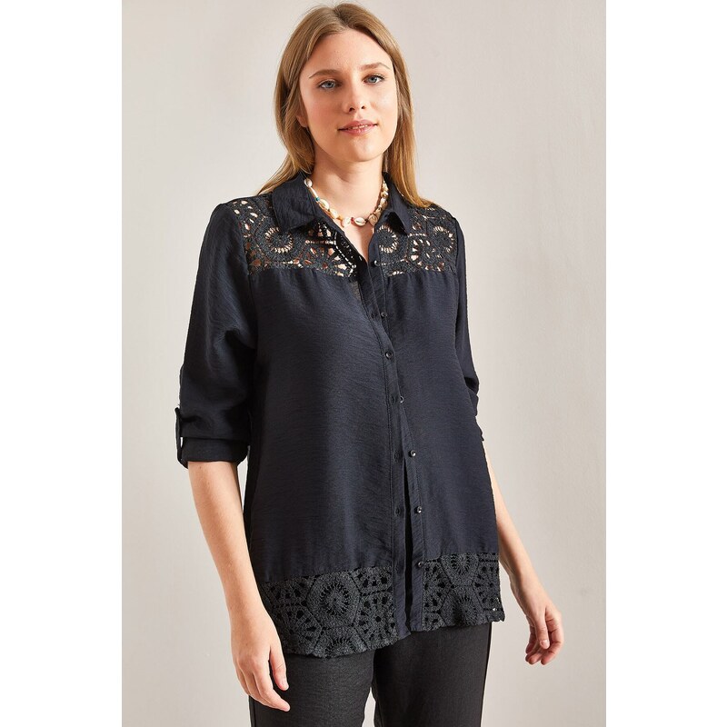 Bianco Lucci Women's Lace Patterned Shirt with Fold Sleeves