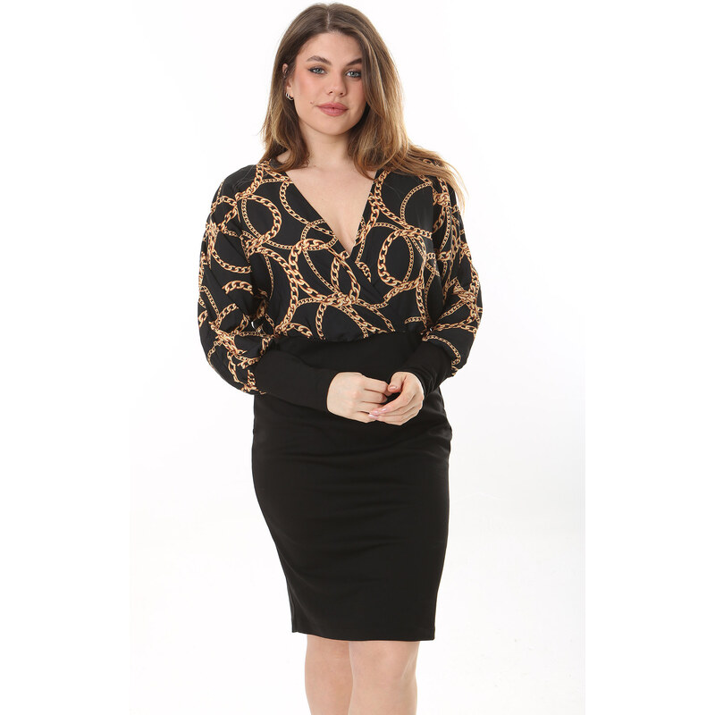 Şans Women's Plus Size Black Wrapover Neck Long Sleeve Dress