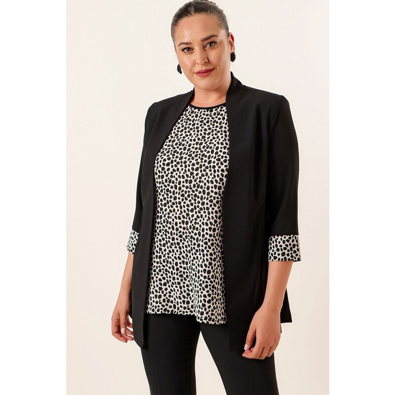 By Saygı Undershirt And Jacket Sleeve Ends Leopard Patterned Crepe Plus Size 2 Pcs Set Black