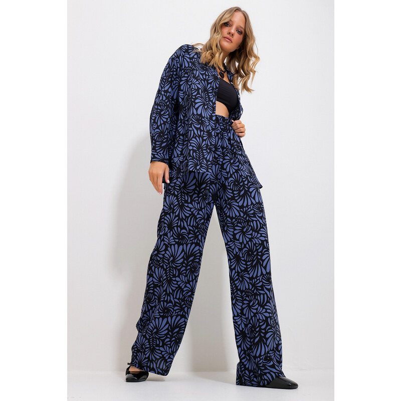 Trend Alaçatı Stili Women's Midnight Blue Patterned Shirt And Trousers Bottom Top Woven Suit