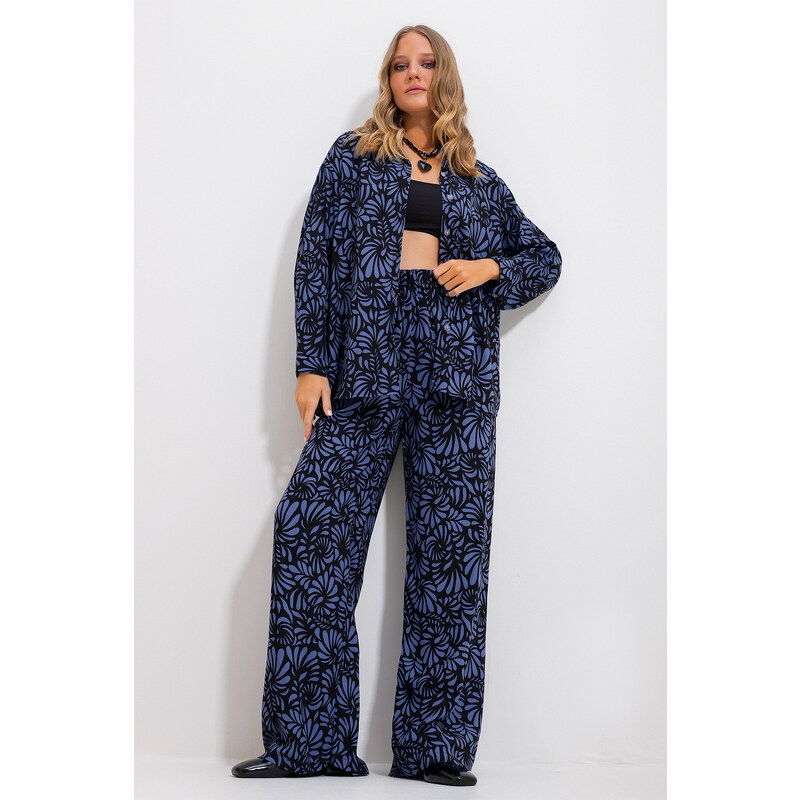 Trend Alaçatı Stili Women's Midnight Blue Patterned Shirt And Trousers Bottom Top Woven Suit