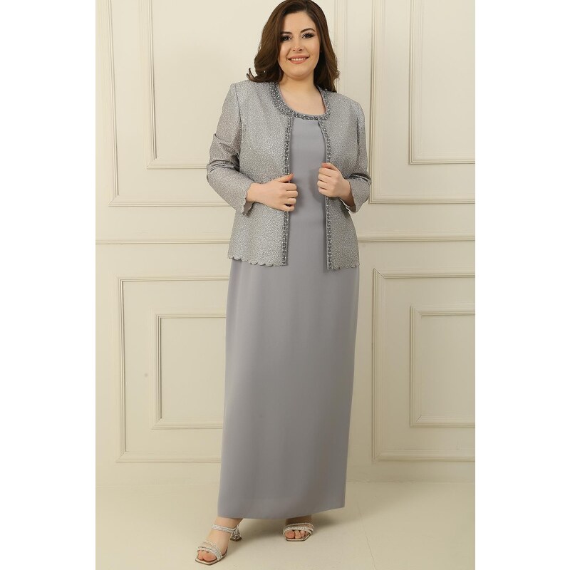 By Saygı Long Crepe Dress with Stones and Lined Collar, Sequin Jacket Plus Size 2-Piece Suit