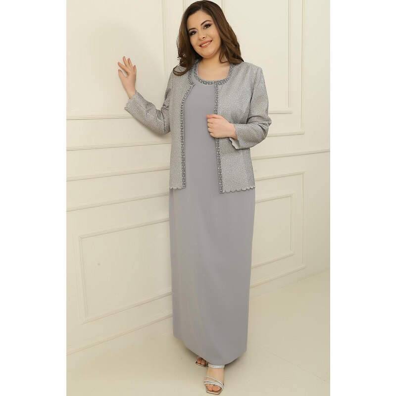 By Saygı Long Crepe Dress with Stones and Lined Collar, Sequin Jacket Plus Size 2-Piece Suit