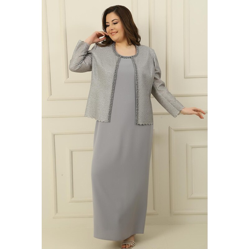 By Saygı Long Crepe Dress with Stones and Lined Collar, Sequin Jacket Plus Size 2-Piece Suit