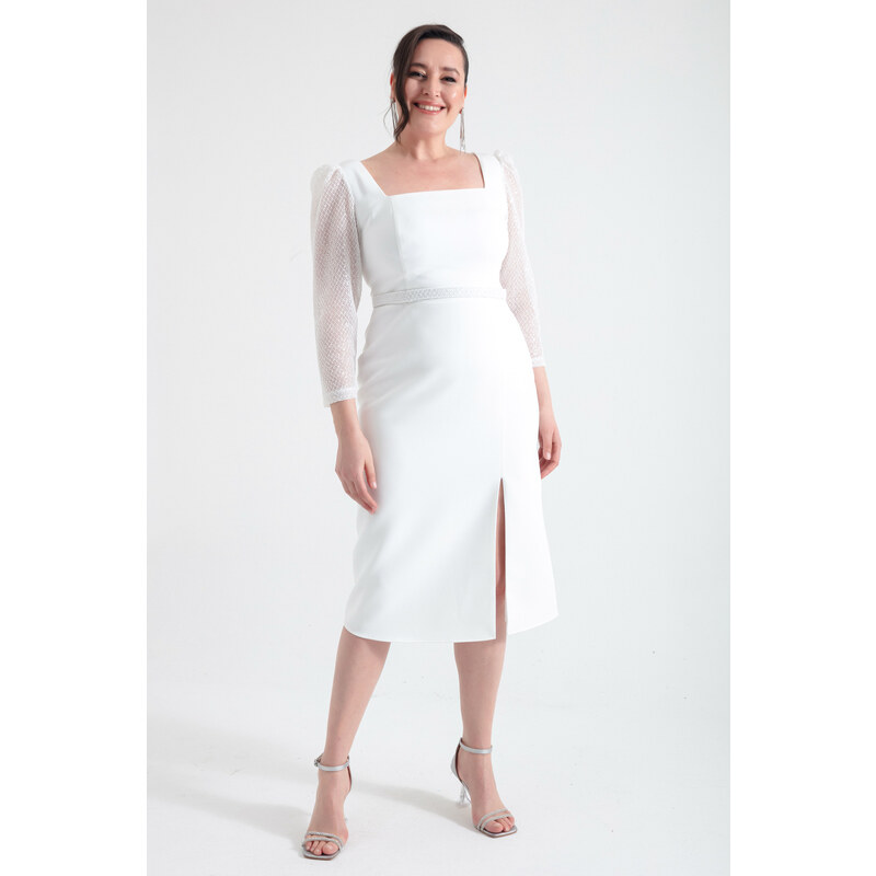 Lafaba Women's White Square Neck Belted Midi Plus Size Evening Dress