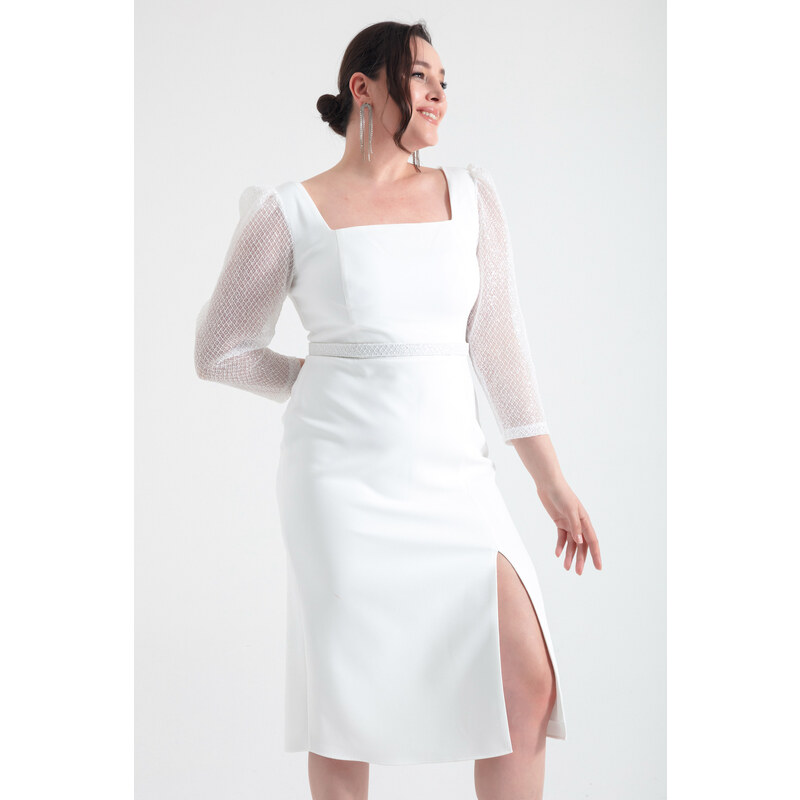 Lafaba Women's White Square Neck Belted Midi Plus Size Evening Dress