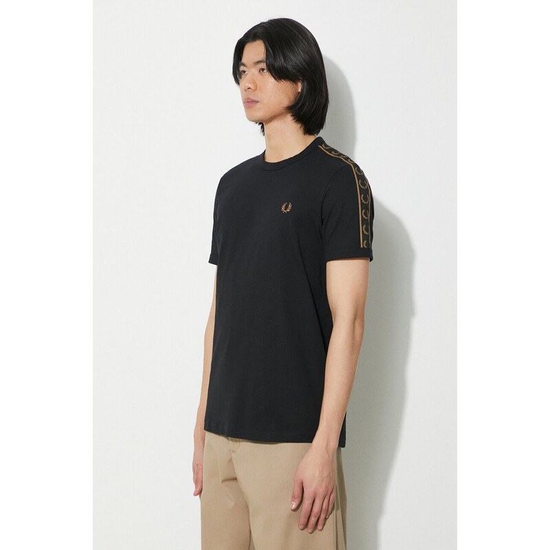 Bavlněné tričko Fred Perry Contrast Tape Ringer T-Shirt černá barva, s aplikací, M4613.U78