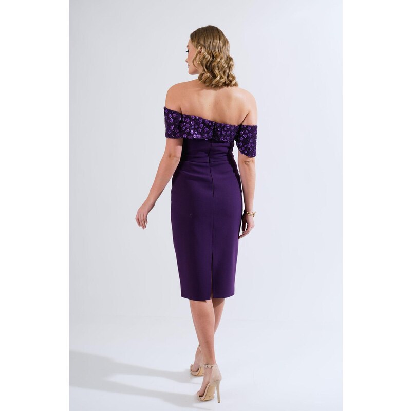 Carmen Purple Low Sleeve Stone Crepe Evening Dress