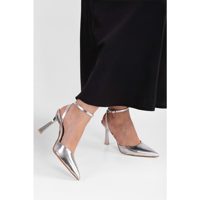 Shoeberry Women's Martini Silver Shiny Belted Ankle Tied Stiletto