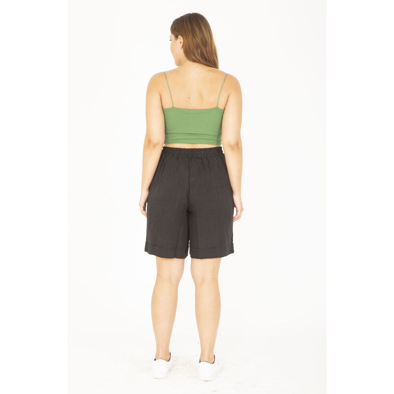 Şans Women's Plus Size Anthracite Weave Viscose Fabric Shorts with Elastic Waist