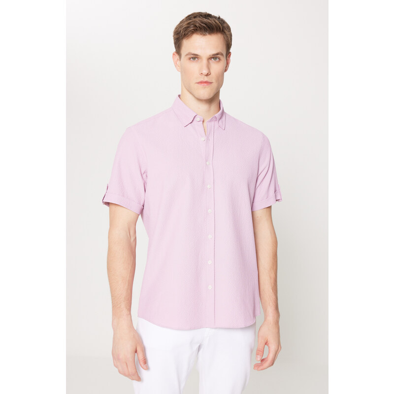 AC&Co / Altınyıldız Classics Men's Lilac Slim Fit Slim Fit Shirt with Hidden Buttons and Short Sleeves.