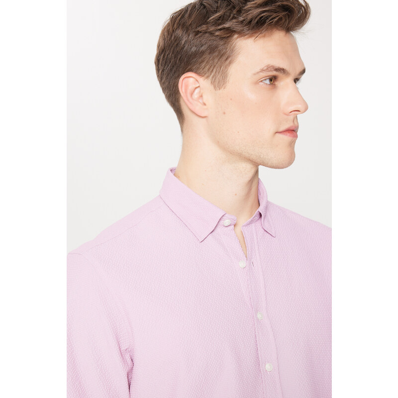 AC&Co / Altınyıldız Classics Men's Lilac Slim Fit Slim Fit Shirt with Hidden Buttons and Short Sleeves.