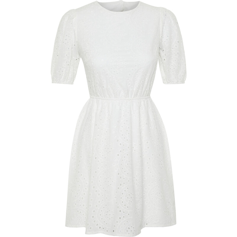 Trendyol Ecru A-Line Mini Embroidery Woven Dress with Elastic Waist