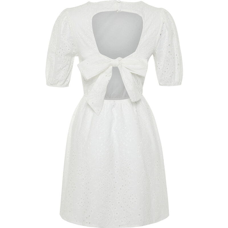 Trendyol Ecru A-Line Mini Embroidery Woven Dress with Elastic Waist