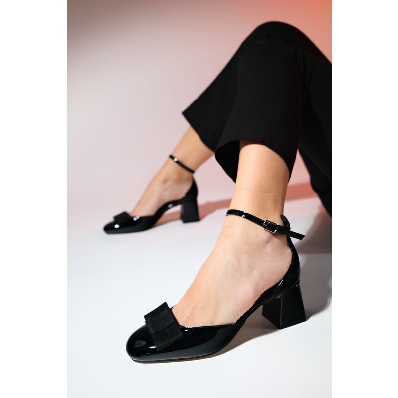 LuviShoes BRIT Black Patent Leather Women's Bow Thick Heeled Shoes