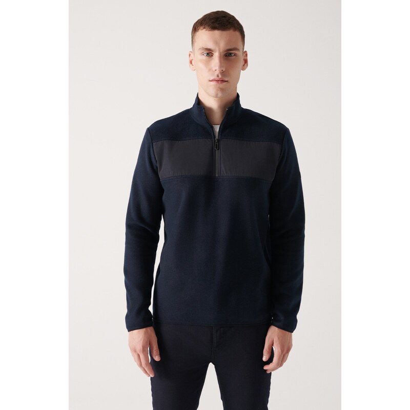 Avva Men's Navy Blue Zippered High Neck Parachute Fabric Detail Regular Fit Fleece Sweatshirt