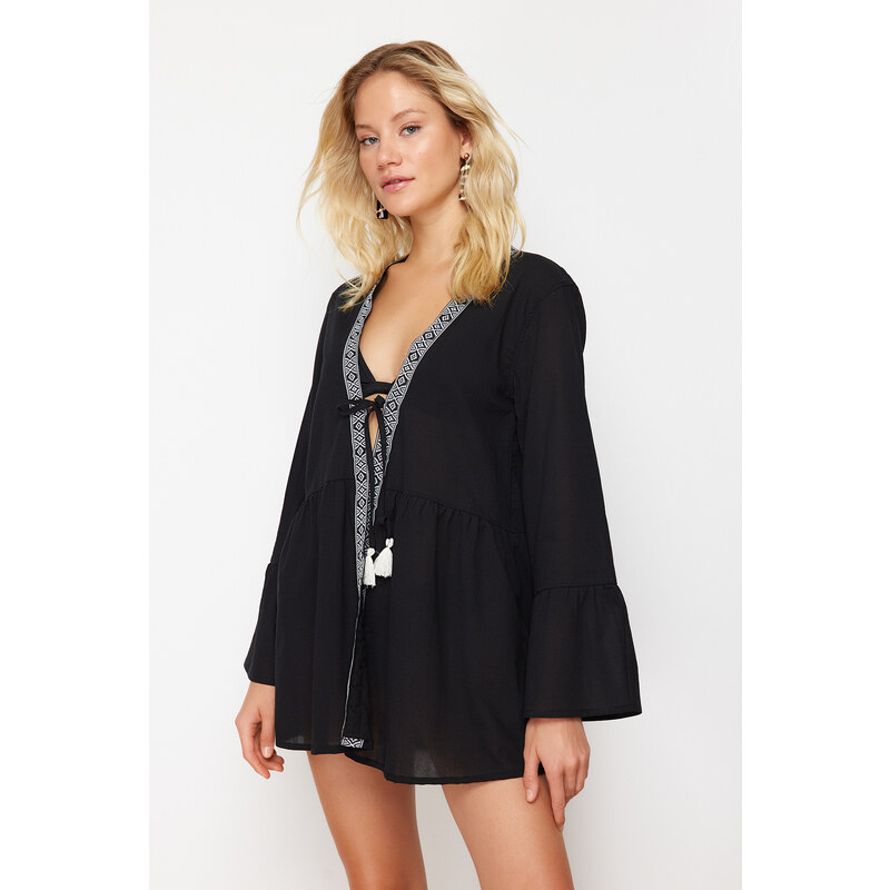 Trendyol Black Mini Woven Stripe Accessory Kimono&Kaftan