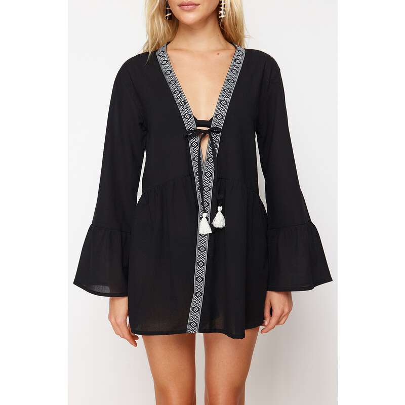 Trendyol Black Mini Woven Stripe Accessory Kimono&Kaftan