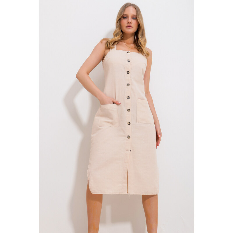 Trend Alaçatı Stili Women's Ecru Midi Length Linen Woven Dress