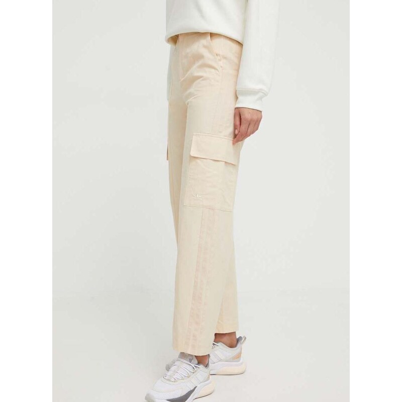 Bavlněné kalhoty adidas Originals béžová barva, jednoduché, high waist, IU2695