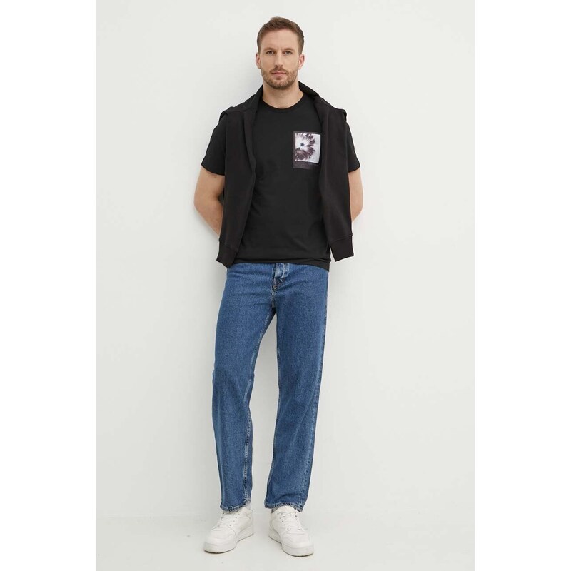 Bavlněná mikina Calvin Klein Jeans pánská, černá barva, s kapucí, s potiskem, J30J325161
